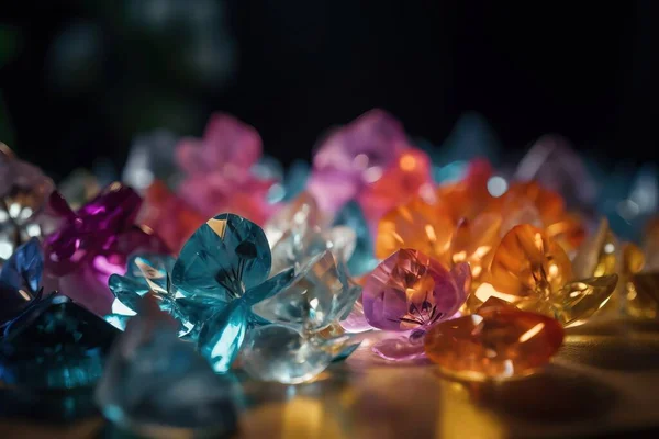 a bunch of different colored diamonds sitting on a counter top.