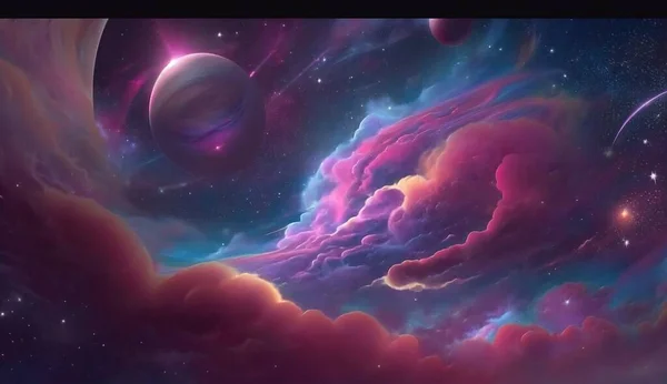 a painting of a space scene with planets and stars in the sky.