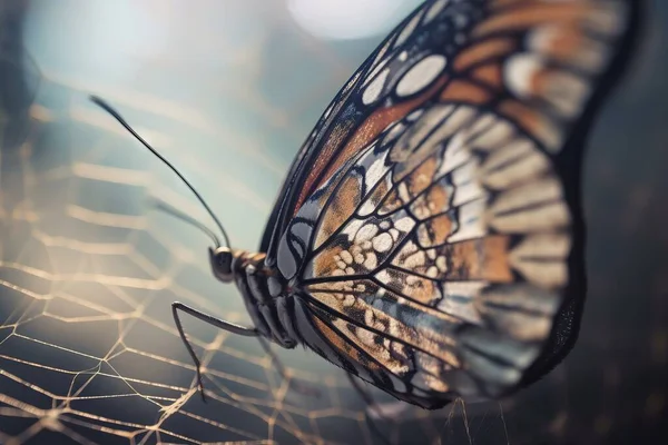 a close up of a butterfly on a net with a blurry background.