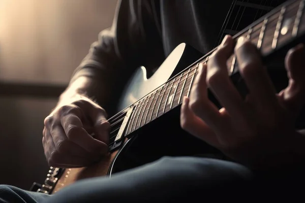 a person playing a guitar with their hands on the guitar.
