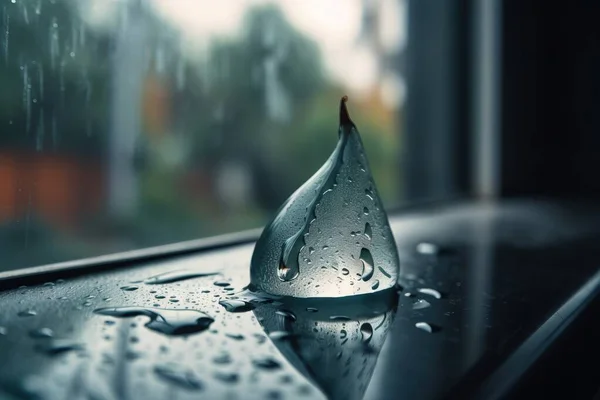 a water drop sitting on top of a window sill.