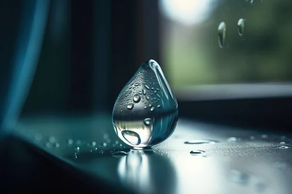 a drop of water sitting on top of a table next to a window.