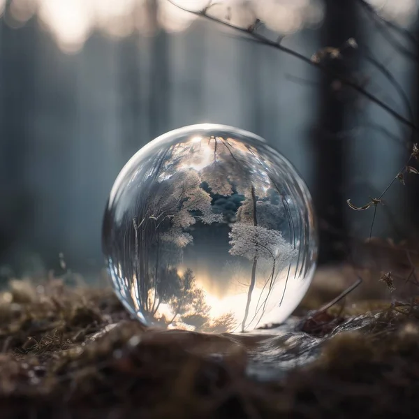 a glass ball sitting on top of a moss covered ground.