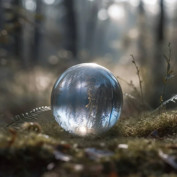a glass ball sitting on top of a moss covered ground.