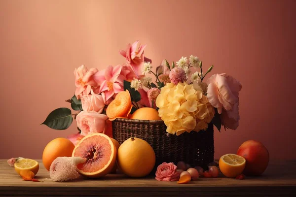 a basket filled with lots of different types of flowers and fruit.