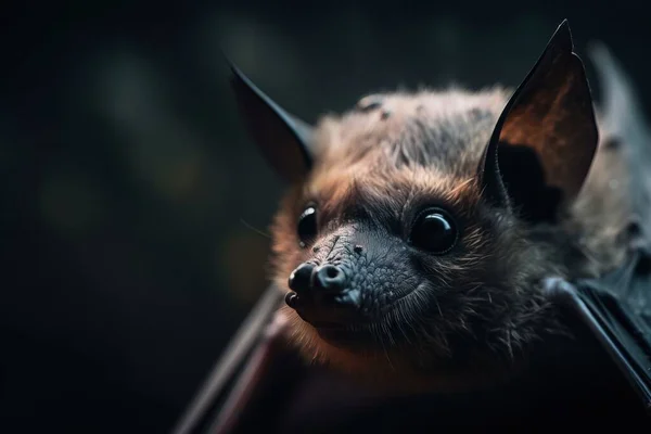 a close up of a bat on a black background with a blurry background.
