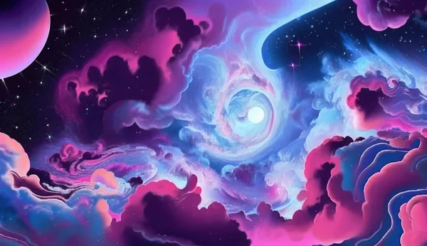 a painting of clouds and planets in the sky with stars.