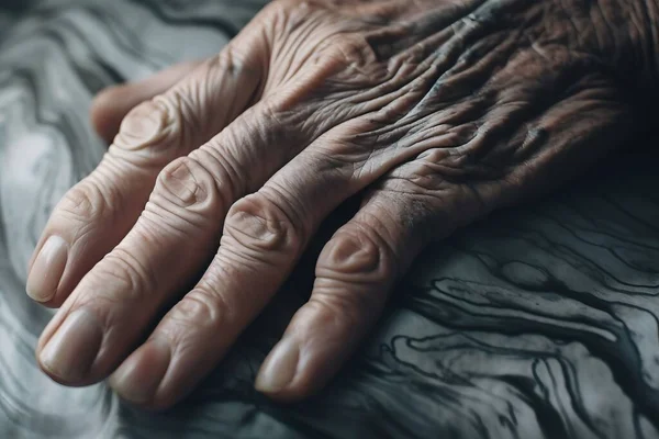 an older person's hands resting on a bed with a wrinkled surface.