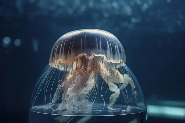 a jellyfish in a glass bowl in a dark room.
