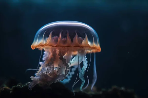 a jellyfish in the water with its head turned to the side.