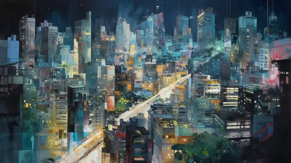 a painting of a city at night with lots of buildings.