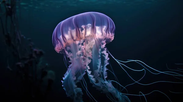 a purple jellyfish floating in the ocean with a dark background.