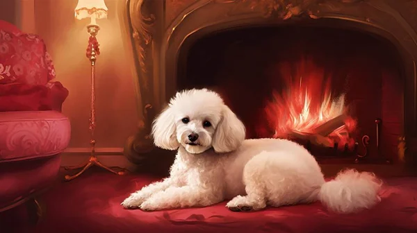 a white dog sitting in front of a fire place in a living room.