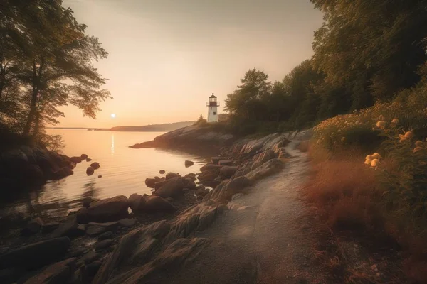 a path leading to a light house on the shore of a lake.