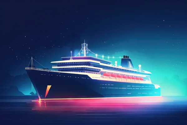 a cruise ship in the ocean at night with a bright light.