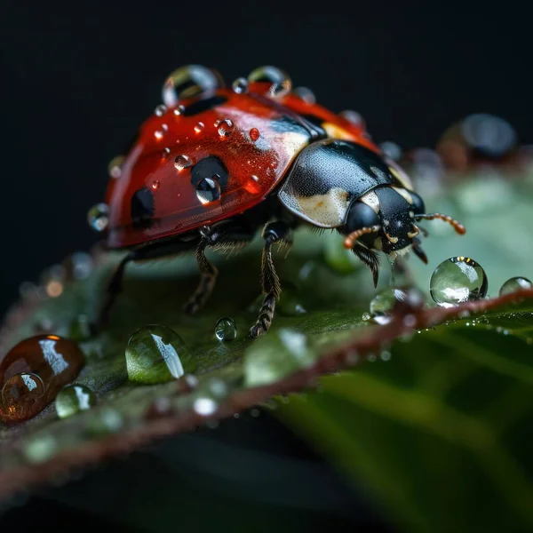a lady bug sitting on top of a leaf covered in water droplets.