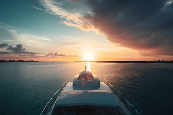 the sun is setting on a boat in the ocean with clouds.