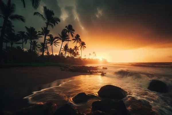 the sun is setting over the ocean with palm trees in the background.