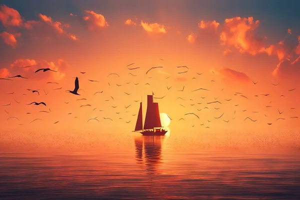 a sailboat in the ocean at sunset with birds flying around.