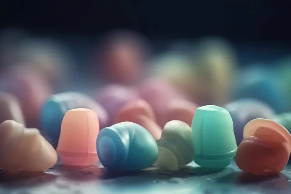 a group of colorful pills sitting on top of a table.