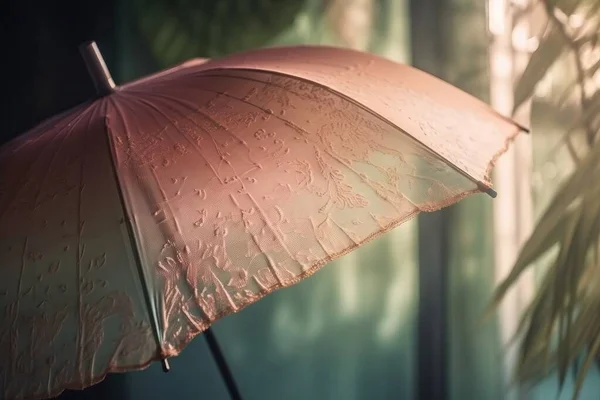a pink umbrella sitting in front of a window next to a plant.