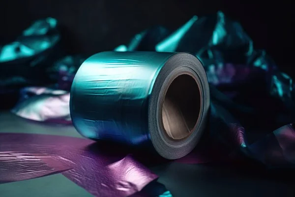 a roll of shiny purple and teal ribbon on a table.