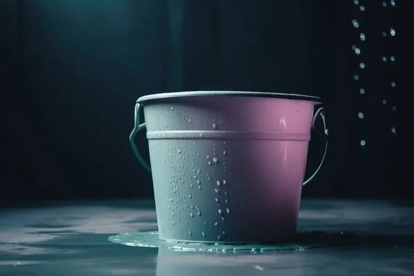 a bucket of water on a table in the dark with drops of water.