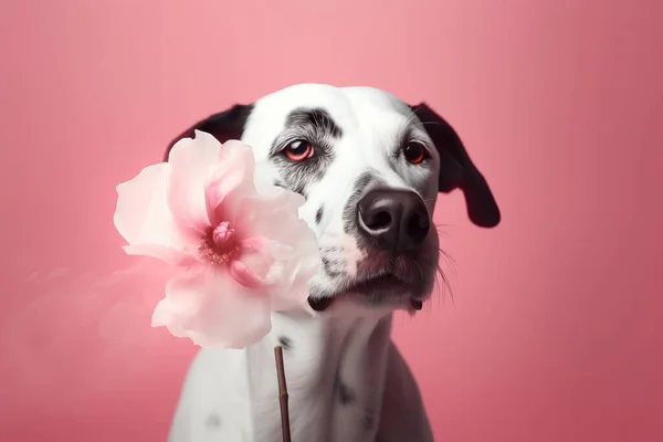 a dog with a flower in its mouth on a pink background.