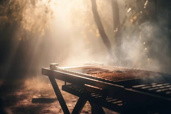 a bbq grill with smoke coming out of it in the woods.