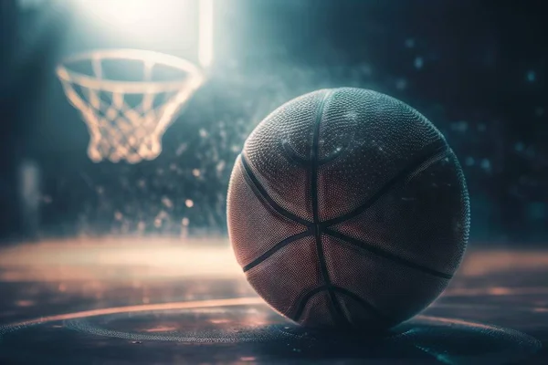 a basketball sitting on a basketball court with a basket in the background.