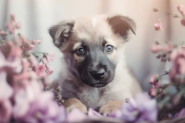 a puppy sitting in a basket of flowers looking at the camera.