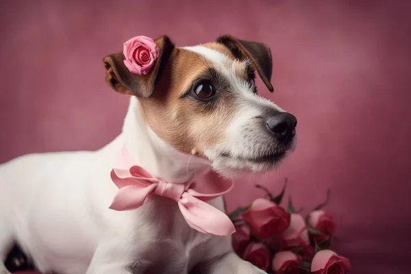 a small dog with a pink rose in its hair sitting next to a bunch of roses.