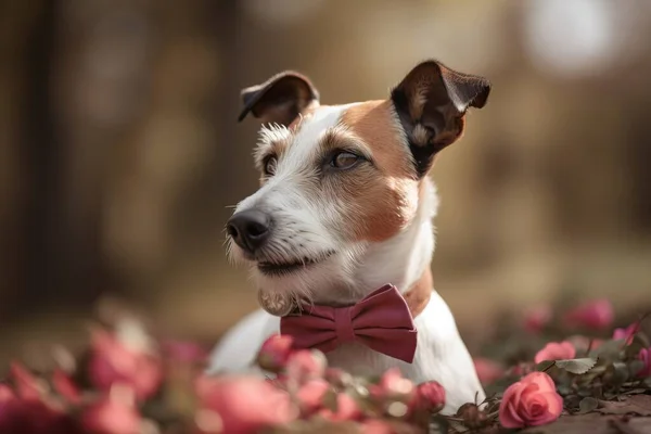 a dog with a bow tie sitting in a bed of roses.