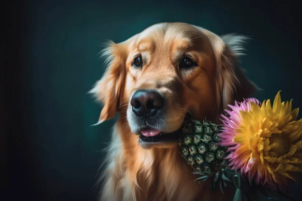 a dog with a flower in its mouth and a pineapple in its mouth.