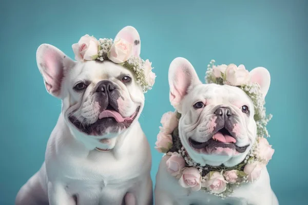 two white dogs with flowers on their heads and collars.