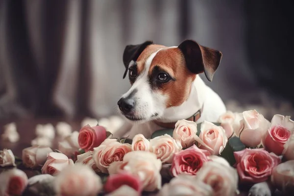 a small dog is sitting among a bunch of roses and looking at the camera.