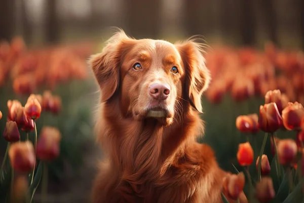 a brown dog sitting in a field of red flowers with a blue eye.