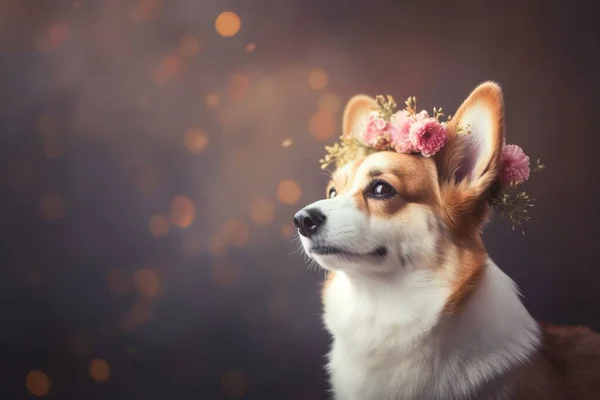 a dog with a flower crown on its head looking up.