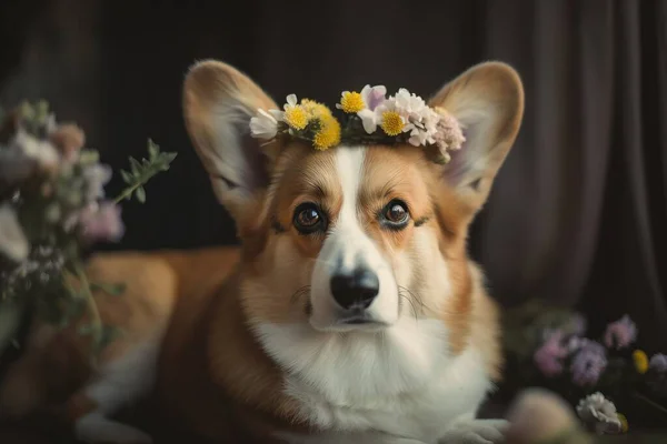 a corgi dog with a flower crown on its head.