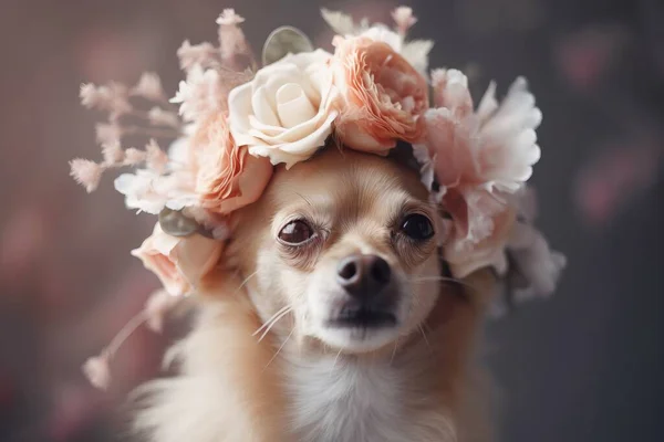 a small dog with a flower crown on its head is looking at the camera.