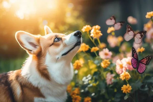 a corgi dog looking up at a butterfly in a field of flowers.