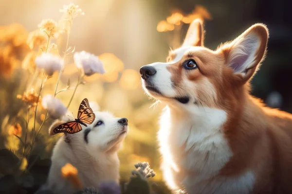 a dog and a butterfly are in a field of flowers.