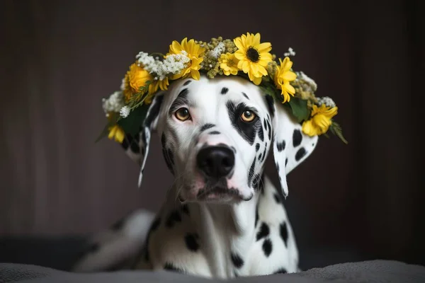 a dalmatian dog with a flower crown on its head.