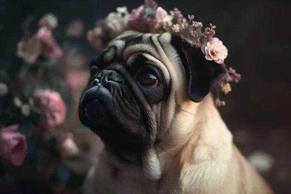 a pug dog with a flower crown on its head.