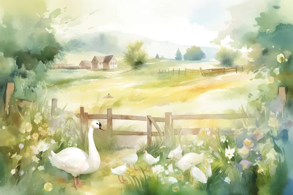 a watercolor painting of a white swan in a field.