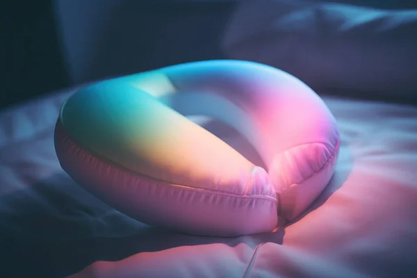 an inflatable pillow on a bed with a blue and pink background.