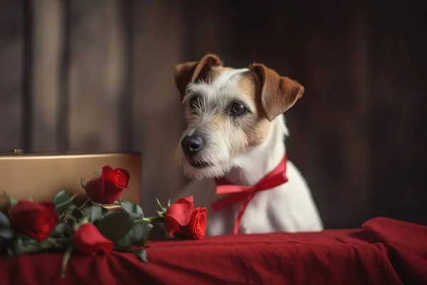 a small dog with a red ribbon around its neck next to a box of roses.