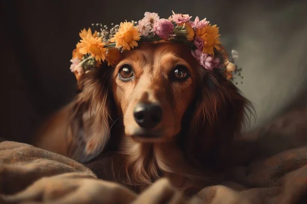 a dog with a flower crown on its head sitting on a blanket.