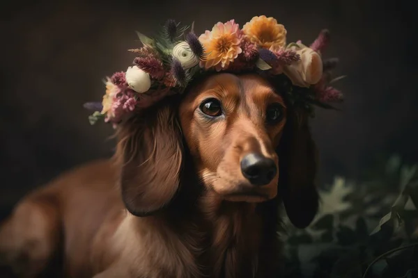 a dog with a flower crown on its head is looking at the camera.