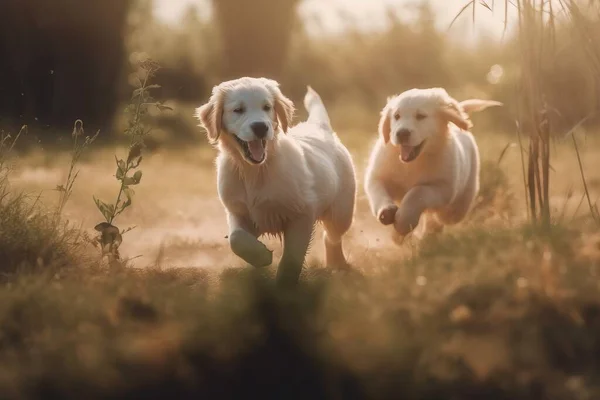 two white dogs running in a field with grass and trees.